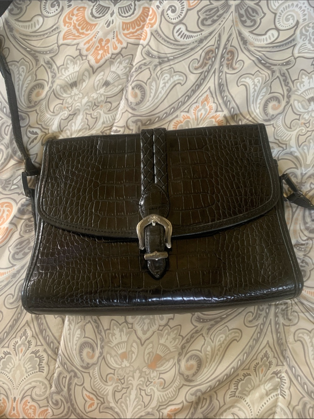 Black Croc-Embossed Leather Crossbody Bag with Buckle